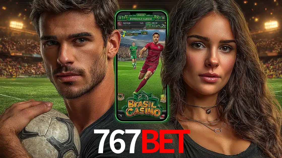 Homem segurando uma bola de futebol e uma mulher ao lado de um smartphone exibindo o jogo de apostas esportivas da 767bet. Faça seu palpite no cassino online.